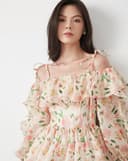 Đầm mini bẹt vai phối bèo nhún voan hoa