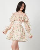 Đầm mini bẹt vai phối bèo nhún voan hoa