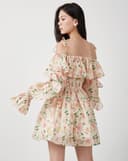 Đầm mini bẹt vai phối bèo nhún voan hoa