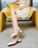 Giày Cao Gót Slingback Gót Vuông Phối Toecap Và Khóa Trang Trí