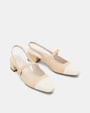 Giày Cao Gót Slingback Gót Vuông Phối Toecap Và Khóa Trang Trí