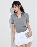 Áo dệt kim phối cổ caro đính đá